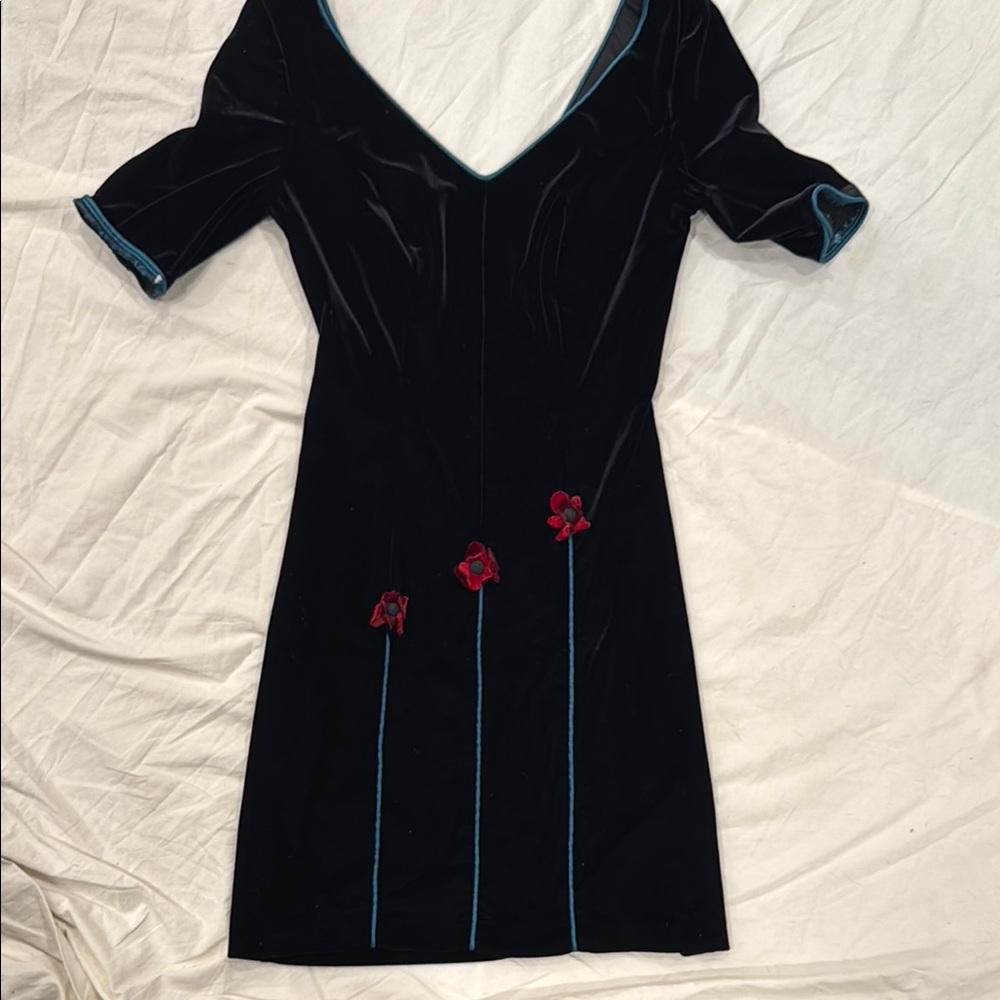 Chic Black Velvet Dress with Red Floral Details